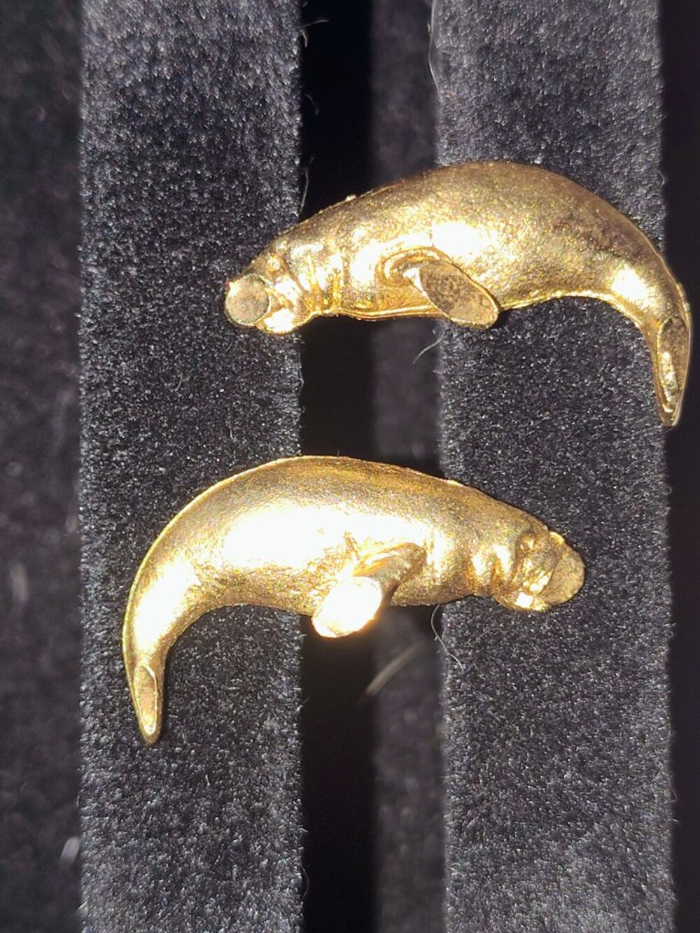 Vintage PAP Gold‑Tone Manatee Stud Earrings – 1980s/90s Wildlife Souvenir Jewelr